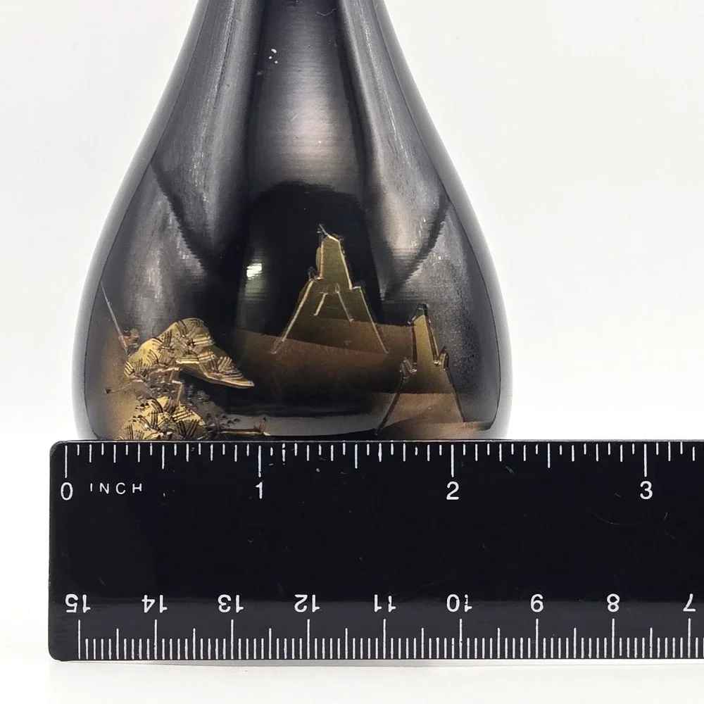 Vintage Japanese Black Enamel Brass Bud Vase Etched Pagoda Landscape Scene Japan
